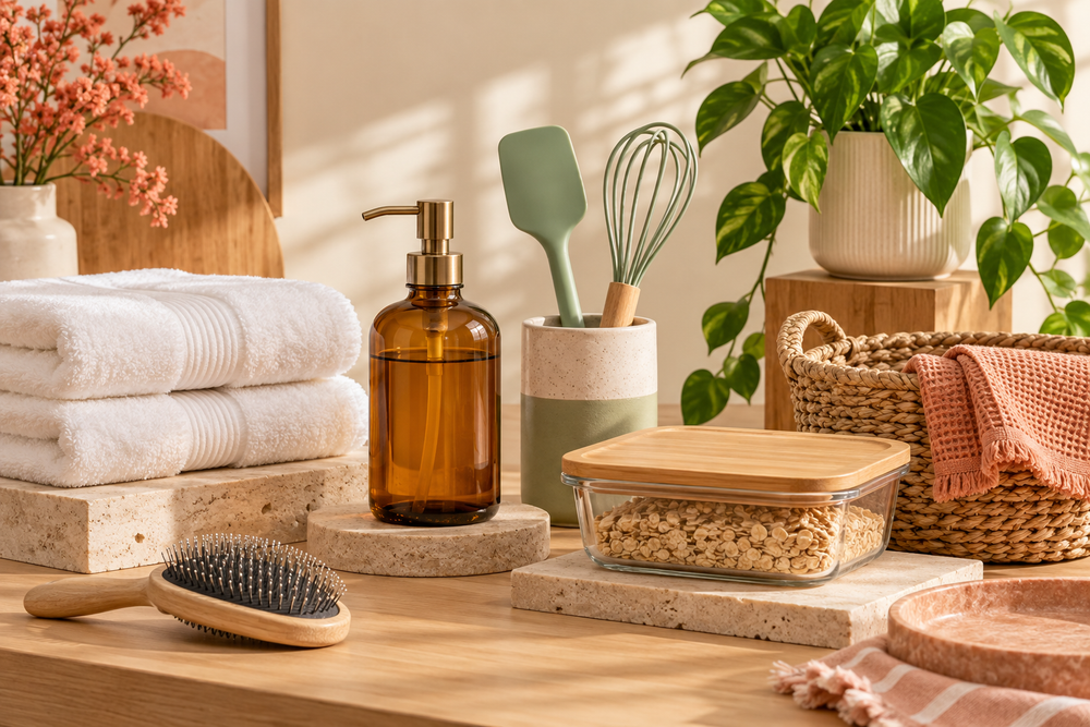 Everyday home, kitchen and personal care essentials in a warm lifestyle arrangement