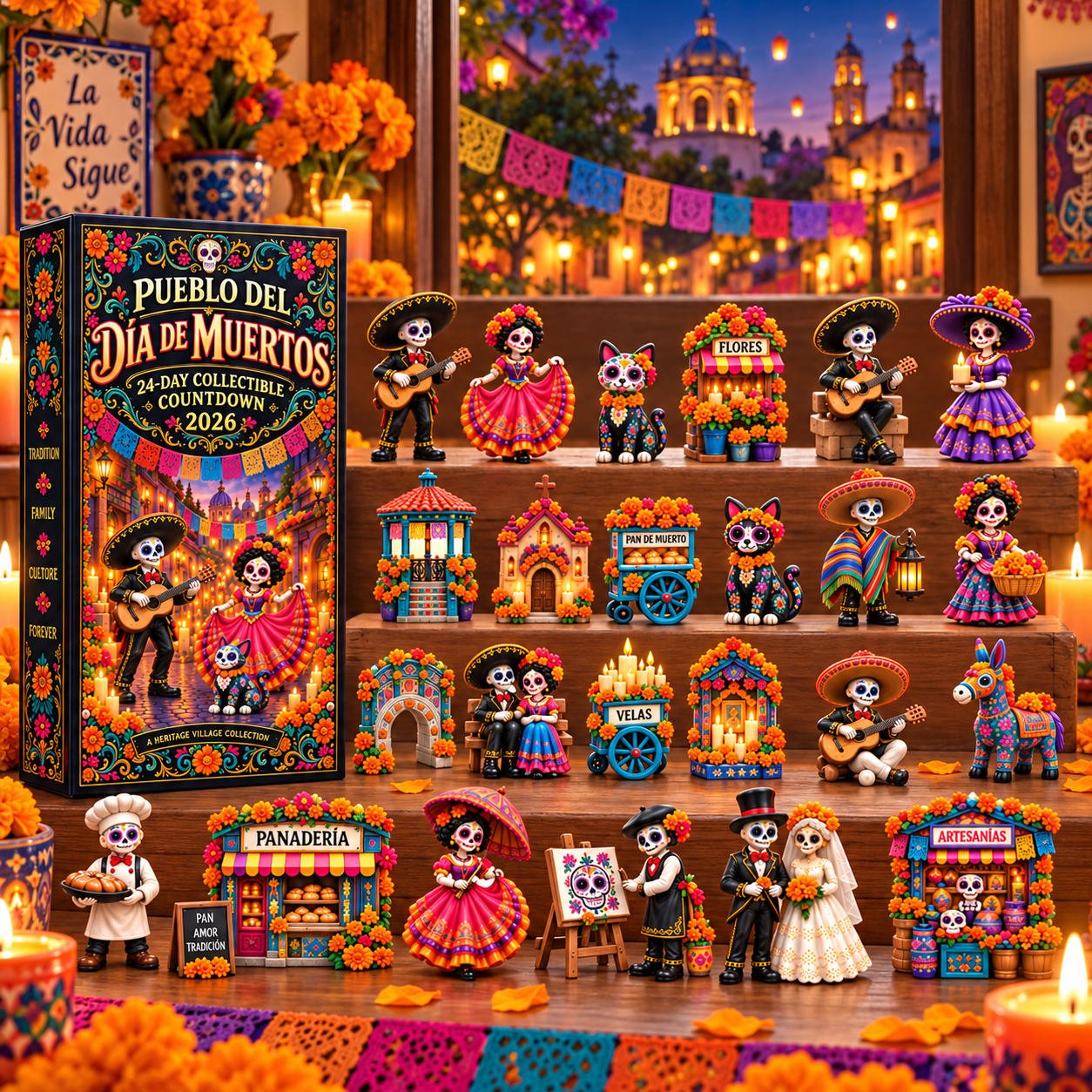 Pueblo del Día de Muertos countdown box and miniature collection
