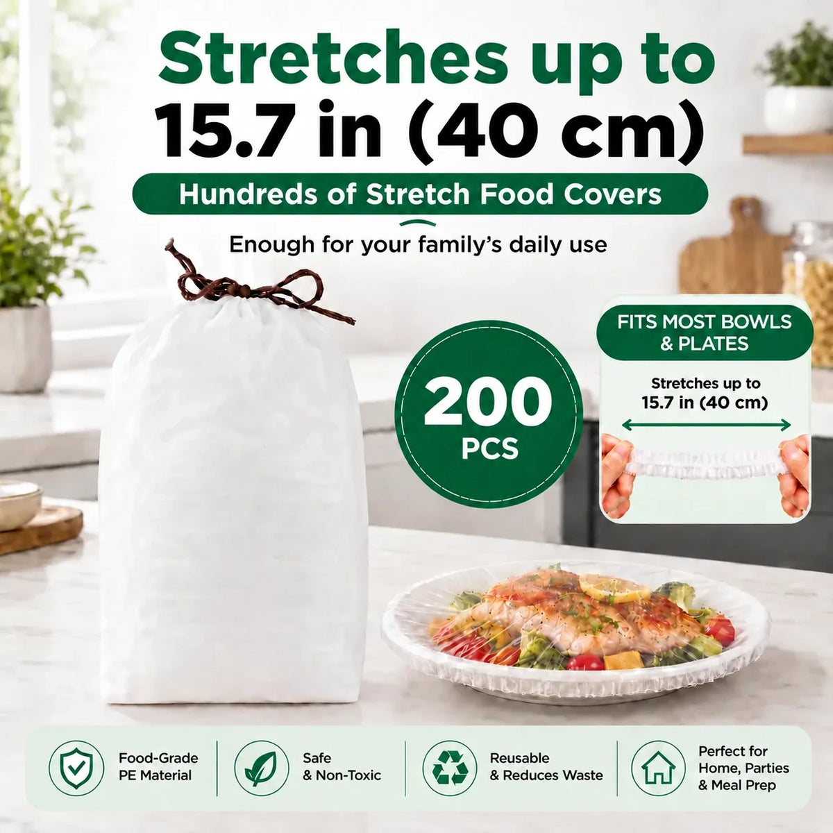 ROLOOF Disposable Stretch Food Covers — 200 Pack