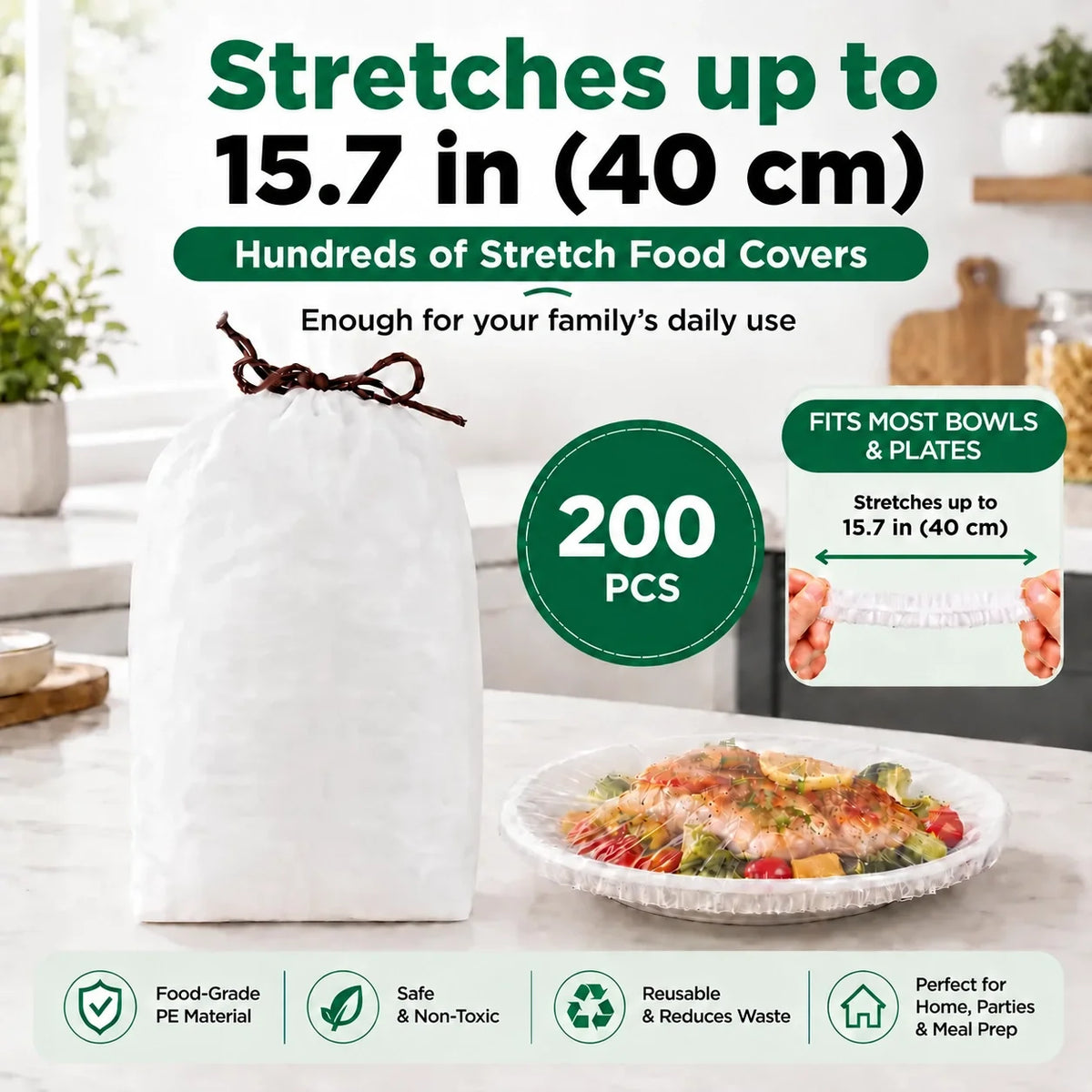 ROLOOF Disposable Stretch Food Covers — 200 Pack