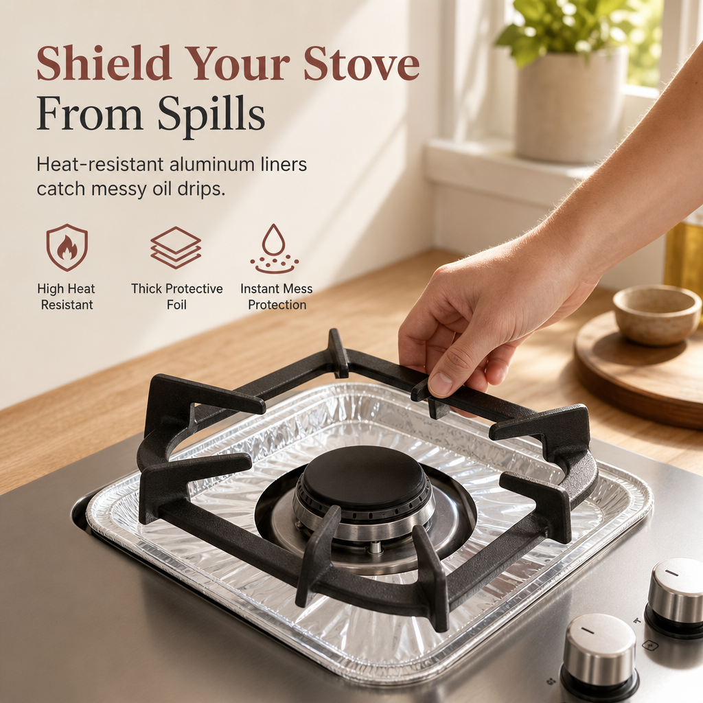 ⏳Buy one get one free for a limited time⏰50 Pack Heavy Duty Foil Gas Stove Burner Liners For Easy Cleaning And Spill Protection 🍳